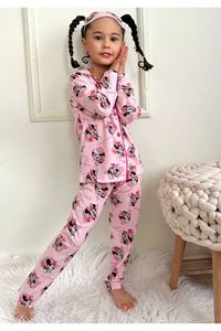 1+1PJKÖ Minnie Mause Desen Pembe Uzun Kollu Önden Düğmeli Kız Çocuk Pijama Takımı 4-6 Yaş 0538U-P