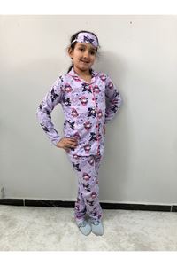 1+1PJKÖ Kuromi ve Arkadaşları Desenli Lila Uzun Kollu Önden Düğmeli Kız Çocuk Pijama Takımı 4-6 Yaş 0539U-L