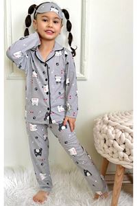 1+1PJKÖ Kedicik Desenli Gri Uzun Kollu Önden Düğmeli Kız Çocuk Pijama Takımı 4-6 Yaş 0540U-L