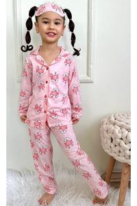 1+1PJKÖ Geyikcik Desenli Pembe Uzun Kollu Önden Düğmeli Kız Çocuk Pijama Takımı 4-6 Yaş 0541U-P