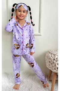 1+1PJKÖ Frouzen Elsa Desenli Lila Uzun Kollu Önden Düğmeli Kız Çocuk Pijama Takımı 4-6 Yaş 0535U