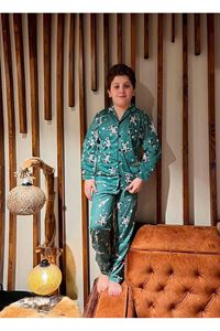 1+1PJKÖ Astronot Desenli Yeşil Uzun Kollu Önden Düğmeli Erkek Çocuk Pijama Takımı 4-6 Yaş 0702U