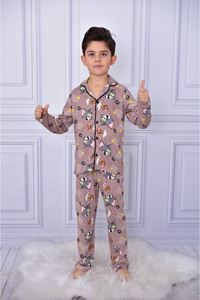 1+1PJKÖ Tom&Jerry Desenli Kahverengi Uzun Kollu Önden Düğmeli Erkek Çocuk Pijama Takımı 4-6 Yaş 0707U