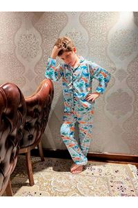 1+1PJKÖ Balık Desenli Mavi Uzun Kollu Önden Düğmeli Erkek Çocuk Pijama Takımı 4-6 Yaş 0705U
