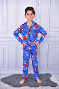 1+1PJKÖ Örümcek Adam Desenli Mavi Uzun Kollu Önden Düğmeli Erkek Çocuk Pijama Takımı 4-6 Yaş 0709U