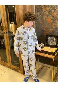 1+1PJKÖ Jeep Desenli Gri Uzun Kollu Önden Düğmeli Erkek Çocuk Pijama Takımı 4-6 Yaş 00701UU