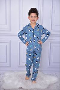 1+1PJKÖ Mickey Desenli Mavi Uzun Kollu Önden Düğmeli Erkek Çocuk Pijama Takımı 4-6 Yaş 0708U