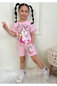 PJKSKT Unicorn Desenli Pembe Şortlu Kız Çocuk Kısa Kol Takım 7556-P