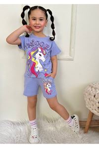 PJKSKT Unicorn Desenli Lila Şortlu Kız Çocuk Kısa Kol Takım 7556-L