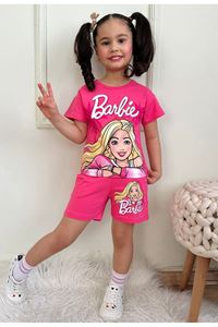 PJKSKT Barbie Desenli Fuşya Şortlu Kız Çocuk Kısa Kol Takım 7565-F