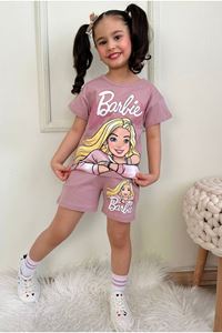 PJKSKT Barbie Desenli Gül Kurusu Şortlu Kız Çocuk Kısa Kol Takım 7565-GK