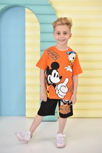 PJKSKT Mickey Mause Desenli Turuncu Şortlu Erkek Çocuk Kısa Kol Takım 7657-T