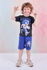 PJKSKT Sonic Desenli Saks Mavisi Şortlu Erkek Çocuk Kısa Kol Takım 7613-S