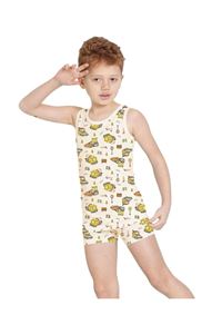 ELM Ekru İş makinesi Desenli Erkek Çocuk Atlet Boxer Takımı 7056