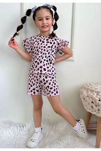 PJKSKT Leopar Desen Pembe Fitilli Kumaş Fırfırlı Kollu Şortlu Kız Çocuk Kısa Kol Takım 7632-P