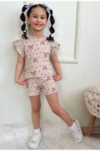 PJKSKT Kalp Fiyonk Desen Bej Fitilli Kumaş Fırfırlı Kollu Şortlu Kız Çocuk Kısa Kol Takım 7633-B