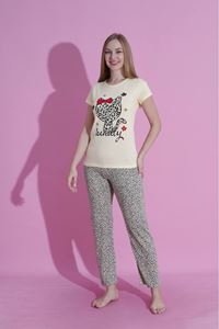 MLALE Kedicik Desenli Suprem Kumaş Kısa Kollu Bayan Pijama Takımı 3443-S