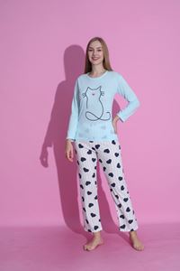 MLALE Kedicik Desenli Suprem Kumaş Uzun Kollu Bayan Pijama Takımı 3408-M