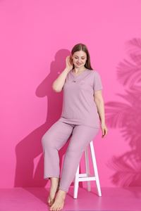 MLALE Gül Kurusu Fitilli İnce Raporlu Kumaş Kısa Kollu Bayan Pijama Takımı 4065-GK