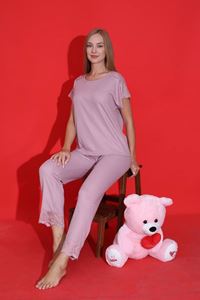 MLALE Gül Kurusu Fitilli İnce Raporlu Kumaş Kol ve Paça Dantelli Kısa Kollu Bayan Pijama Takımı 4063-GK