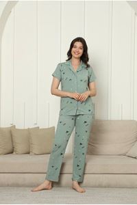 IŞILAY Yeşil Önden Düğmeli Milan Kumaş Kısa Kollu Bayan Pijama Takımı 3105-Y