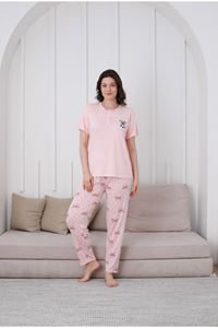 GLİSA Pudra Önden 2 Düğmeli Viskon Kumaş Kısa Kollu Bayan Pijama Takımı 5530-P