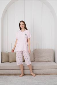 GLİSA Pembe Önden 2 Düğmeli Viskon Kumaş Kısa Kollu Kaprili Bayan Pijama Takımı 6031-P