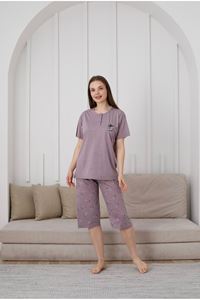 GLİSA Mürdüm Önden 2 Düğmeli Viskon Kumaş Kısa Kollu Kaprili Bayan Pijama Takımı 6031-M