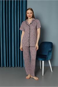 IŞILAY Gül Kurusu Önden Düğmeli Yıldızlı Viskon Kumaş Kısa Kollu Bayan Pijama Takımı 15638-GK