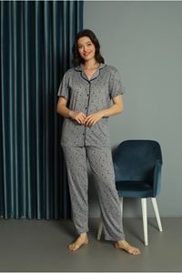 IŞILAY Gri Önden Düğmeli Yıldızlı Viskon Kumaş Kısa Kollu Bayan Pijama Takımı 15638-G