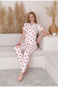 IŞILAY Beyaz Kalpli Önden Düğmeli Milan Kumaş Kısa Kollu Bayan Pijama Takımı 3103-B