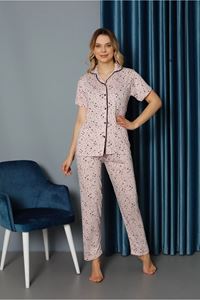 IŞILAY Pembe Önden Düğmeli Yıldızlı Viskon Kumaş Kısa Kollu Bayan Pijama Takımı 15638-P