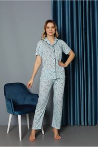 IŞILAY Mavi Önden Düğmeli Yıldızlı Viskon Kumaş Kısa Kollu Bayan Pijama Takımı 15638-M