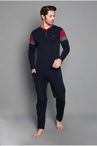 IŞILAY Lacivert-Bordo Önden 3 Düğmeli Yazlık Uzun Kollu Erkek Pijama Takımı 16643-B