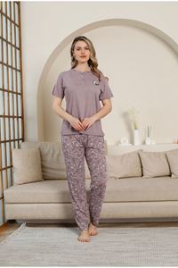 GLİSA Mürdüm Önden 2 Düğmeli Viskon Kumaş Kısa Kollu Bayan Pijama Takımı 5534-M