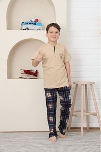 KAPİP Bej Break Limite Baskılı Kısa Kollu Erkek Çocuk Pijama Takımı 10-15 Yaş 5873-B