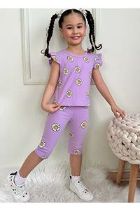 PJKSKT Smile Desen Lila Fitilli Kumaş Fırfırlı Kollu Kaprili Kız Çocuk Kısa Kol Takım 7641-L