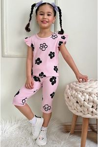 PJKSKT Fırça Papatya Desen Pembe Fitilli Kumaş Fırfırlı Kollu Kaprili Kız Çocuk Kısa Kol Takım 7639-P