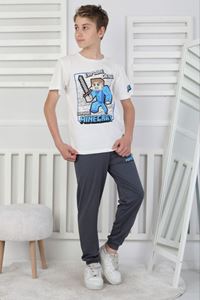 İSOB Beyaz Minecraft Desenli %100 Pamuk Kısa Kollu Erkek Çocuk Pijama Takımı 8-13 Yaş 41512-B
