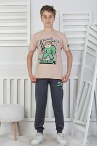 İSOB Bej Minecraft Desenli %100 Pamuk Kısa Kollu Erkek Çocuk Pijama Takımı 8-13 Yaş 41512-BE
