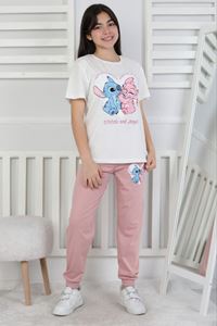 İSOB Ekru Stitch Desenli %100 Pamuk Kız Çocuk Kısa Kollu Pijama Takımı 8-13 Yaş 41415-E
