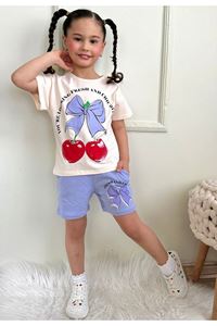 PJKSKT Kiraz Desenli Lila Şortlu Kız Çocuk Kısa Kol Takım 7625-L