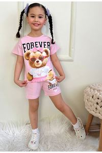 PJKSKT Forever Tatlı Ayıcık Desenli Pembe Şortlu Kız Çocuk Kısa Kol Takım 7554-P