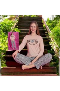 MLALE Leopar Kalp Desenli Suprem Kumaş Uzun Kollu Bayan Pijama Takımı 1498-L
