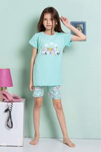 ELMKP Su Yeşili Tavşan Desen Kız Çocuk Şortlu Pijama Takımı 3-10 Yaş 4203