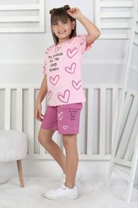 İSOB Pembe Kalp Desenli %100 Pamuk Kız Çocuk Kısa Kollu 2İp Şortlu Takım 3-8 Yaş 33105-P