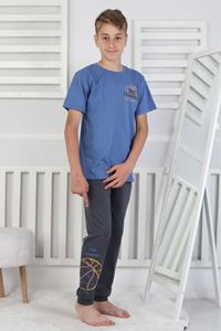 İSOB Mavi Basketbol Topu Desenli %100 Pamuk Kısa Kollu Erkek Çocuk Pijama Takımı 8-13 Yaş 41516-M