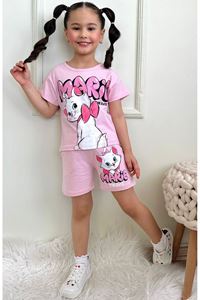 PJKSKT Marie Tatlı Kedicik Desenli Pembe Şortlu Kız Çocuk Kısa Kol Takım 7623-P