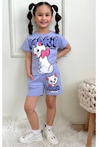 PJKSKT Marie Tatlı Kedicik Desenli Lila Şortlu Kız Çocuk Kısa Kol Takım 7623-L