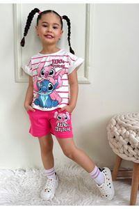 PJKSKT Stitch Desenli Fuşya Şortlu Kız Çocuk Kısa Kol Takım 7531-F